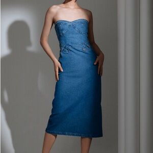 Elegant Blue Denim Strapless Dress